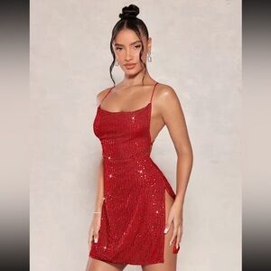 SHEIN BAE red Split Thigh Crisscross Tie Backless Sequin Cami Dress size large